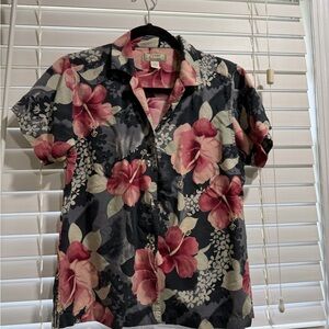 Tommy Bahama Black Short-Sleeve Button-Up Shirt with Pink Floral Print